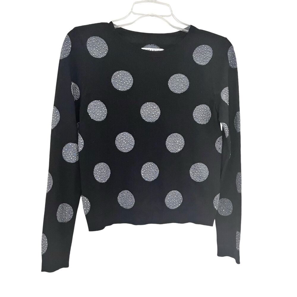 Alice + Olivia Black Gray Wool Polka Dot Rhinestone Embellished Crew Sweater XS